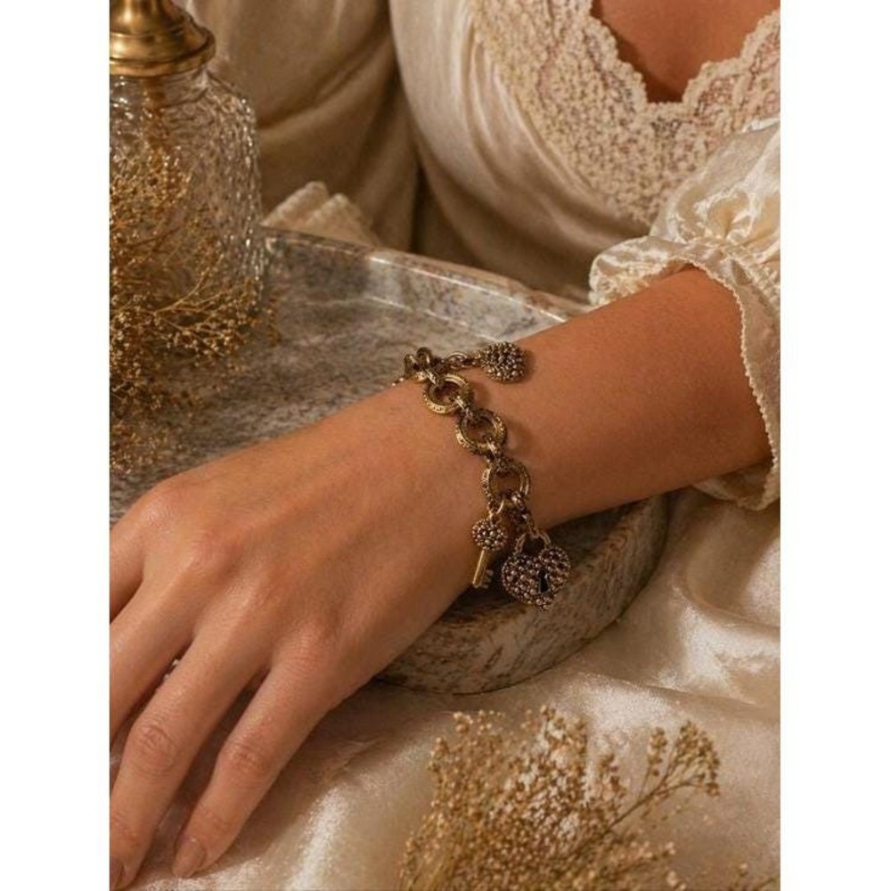Gold Charm Bracelet Lock Key Heart Toggle Rhinestone Chunky Vintage Style